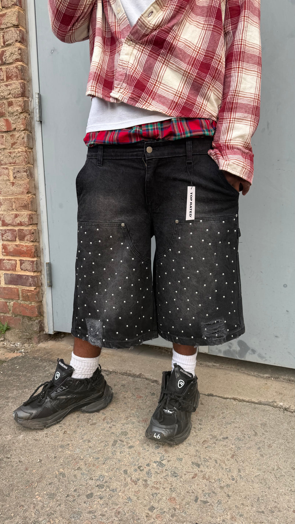 Reconstructed Studded Denim Shorts
